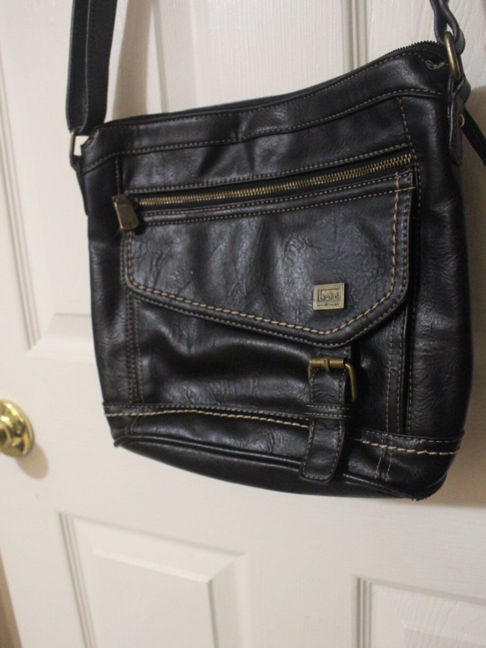b.ø.c. Black Crossbody Bag with Contrast Stitching & Buckle Detail